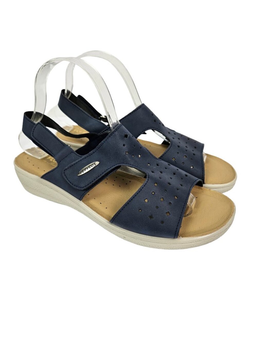 Fly Flot Piumatech Perforated Navy Blue Faux Leather Strappy Wedge Sandal 41/9.5